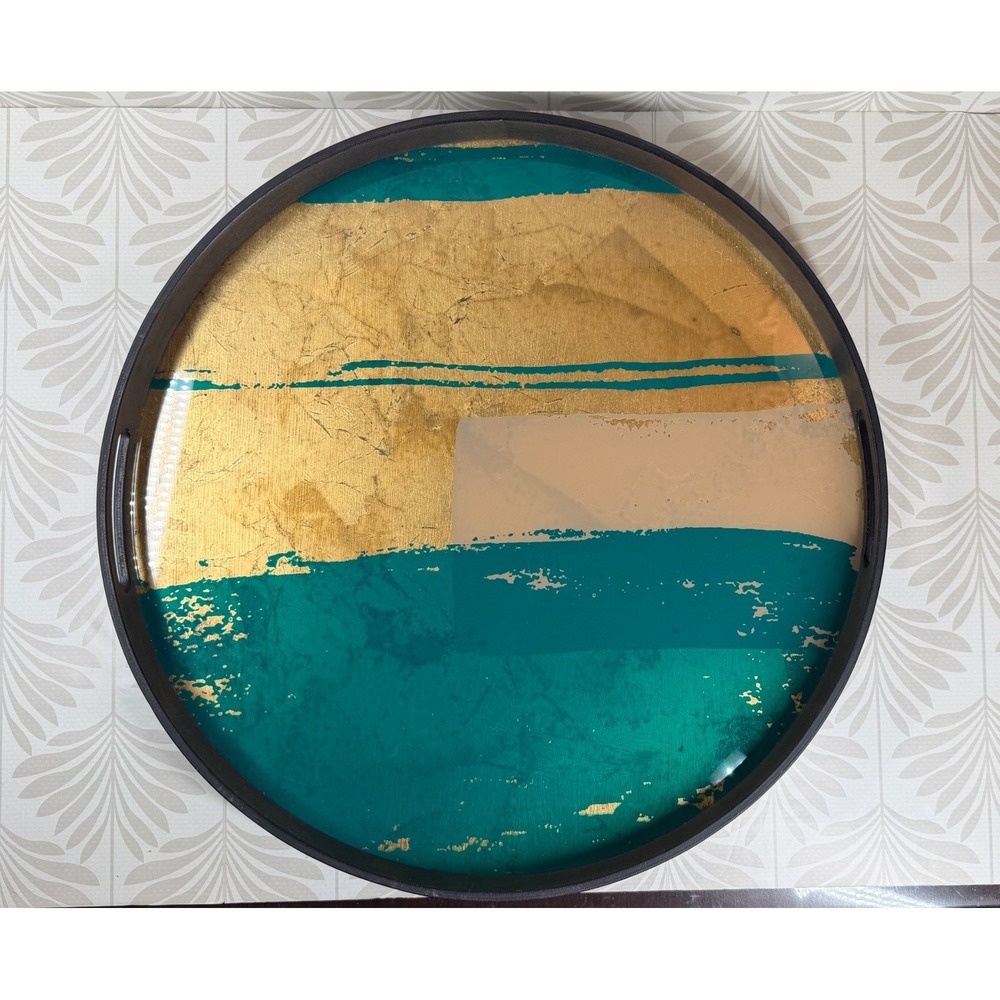 Notre Monde Turquoise Gold Leaf Round Glass Tray Hand Painted Wood Rim 19 Inch